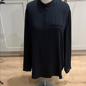 Fabiana Filippi Navy Mandarin Collar fine rhinestone collar trim 100%silk blouse